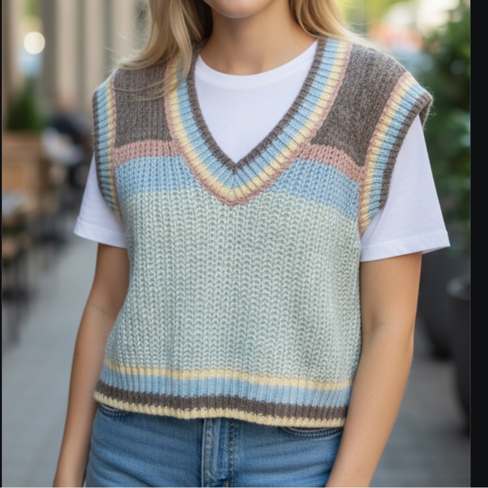 Pol Multicolor Sweater Vest Oversized blue mauve brown cream multi patterns - Picture 12 of 12